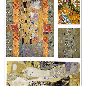 Op de afbeelding: Een collage van vier schilderijen van Gustav Klimt, met een knuffelend stel, een liggende vrouw en abstracte patronen met accenten van bladgoud.