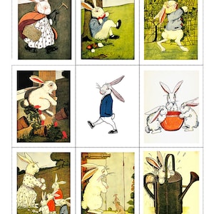 Può includere: Nove illustrazioni vintage di conigli bianchi in varie pose e ambientazioni. I conigli sono raffigurati in una varietà di attività, tra cui il trasporto di un cesto, la seduta sotto un albero e il gioco in una ciotola. Le illustrazioni sono in stile cartone animato e hanno un'atmosfera fantasiosa.