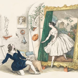 May include: A vintage illustration depicts a scene with an artist and a ballerina. The artist, in a blue dress, kneels before a large ornate frame. Inside the frame, a ballerina in a white dress appears to be stepping out. The background includes art supplies and classical sculptures.