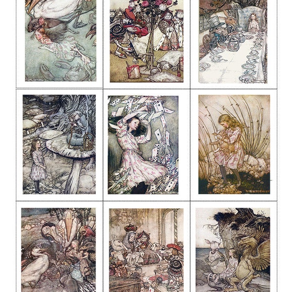 Fabric Panels x9; Alice in Wonderland, Rackham, 100% cotton, Quilting, Applique, Craft