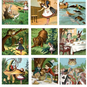 Könnte beinhalten: Eine Sammlung von neun Illustrationen aus Alice im Wunderland. Die Illustrationen zeigen Szenen aus dem Buch, darunter Alice, die den Weißen Hasen trifft, die Teeparty des Hutmachers und das Krocketspiel der Herzkönigin.