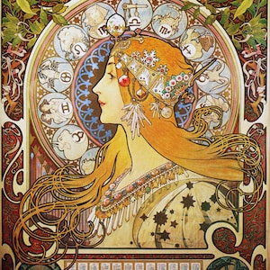 Stoffbahnen; Vintage französische Werbung Alphonse Mucha Feder Sternzeichen Plakat Handwerk / Quilten / 100% Baumwolle / Applikation