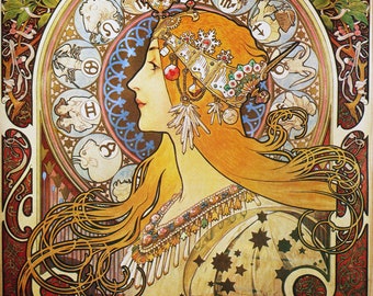 Paneles de tela; Publicidad vintage francesa Alphonse Mucha plume zodiac poster Craft/ Quilting/ 100% Cotton/ Applique