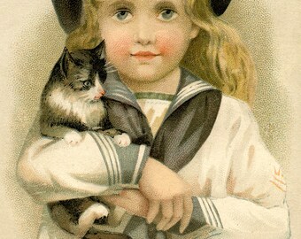 Fabric Panels; Vintage little  Girl with Cat  Ephemera / Quilting/ 100% Cotton/ Applique fabric Blocks
