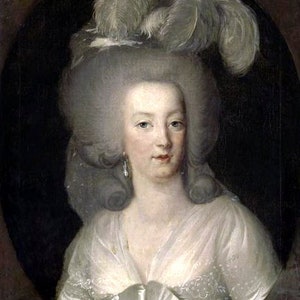 May include: A portrait painting of a woman wearing a white dress with a large, elaborate white wig and a feather plume. The woman has a pearl earring in her left ear and is looking directly at the viewer.
