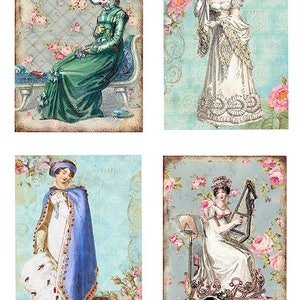 May include: Four vintage illustrations of women in different poses. The women are wearing dresses and hats. The illustrations are set against a background of floral patterns and text.