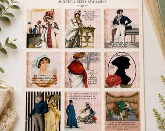 Conjunto de 9 painéis de tecido, Jane Austen, moda da Regência, 100% algodão, para diário de patchwork, blocos de patchwork e apliques.