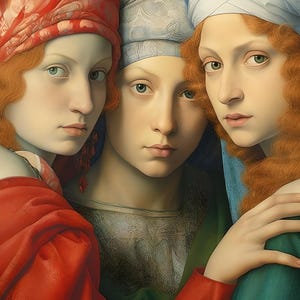 May include: Three women with red hair are wearing colorful head coverings. The woman on the left is wearing a red turban, the woman in the middle is wearing a blue and white turban, and the woman on the right is wearing a blue turban. The women are looking at the viewer.