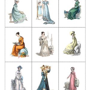 May include: Nine vintage illustrations of women in elegant Regency era dresses and hats. The images feature various colors, including blue, green, yellow, orange, and pink. Each woman is depicted in different poses, some seated, others standing.