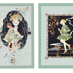 Fabric Panels x 2 Art Deco fabric blocks girls ,Vintage Fashion. Quilting/ Crafts/ 100% Cotton/ Applique,cross stitch
