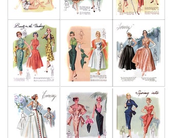 May include: A vintage fashion magazine spread featuring illustrations of women's clothing. The magazine pages are divided into six sections, each with a different theme: "Ready for Fun!" "Summer Fashion" "Beauty in the Making" "Sorcery!" "Evening" and "Spring into".