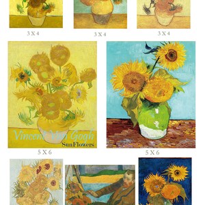 May include: A set of six paintings of sunflowers in a vase, by Vincent van Gogh. The paintings are in various shades of yellow, brown, and blue. The text "Vincent van Gogh Sunflowers" is visible in the bottom center of the image.