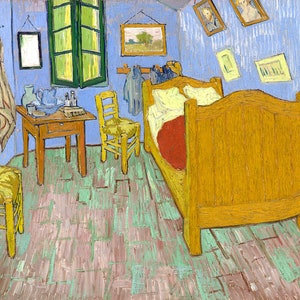 May include: A painting of a bedroom with a yellow bed, two yellow chairs, a table with a pitcher and basin, and a window with green shutters. The walls are a light blue color and there are several framed pictures on the walls.