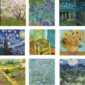 Sunflower Fabric Set of 9 Fabric Panels,Vincent Van Gogh, Quilt Blocks, Applique patches, Starry Starry Night Craft Fabric