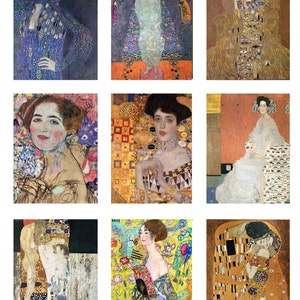 May include: A collection of nine paintings by Gustav Klimt, featuring portraits of women in various poses and settings. The paintings are characterised by their use of gold leaf, vibrant colours, and intricate patterns.