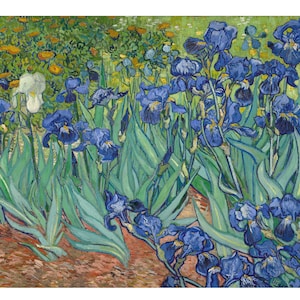 May include: A painting of a field of blue and white irises with green leaves. The flowers are painted in a vibrant style with thick brushstrokes.