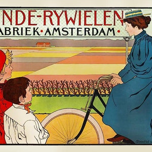 May include: A vintage advertisement for Hinde-Rywielen bicycle factory in Amsterdam. The ad features a woman riding a bicycle in front of a field with a building in the distance. Two children are watching the woman ride the bicycle.