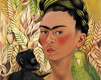 Fabric Panel Portrait of Frida Kahlo Parrot and Monkey Self Portrait fabric block  Craft Quilting 100% Cotton Applique