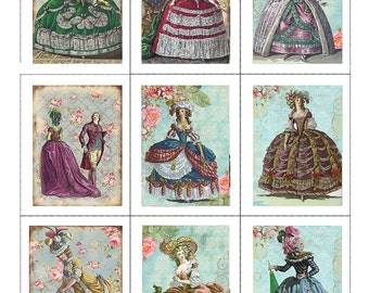Fabric Panels x9 Marie Antoinette ATC Set of 9  Craft/ Quilting/ 100% Cotton/  Applique