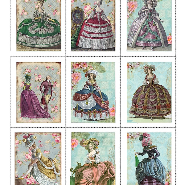 Fabric Panels x9 Marie Antoinette ATC Set of 9  Craft/ Quilting/ 100% Cotton/  Applique