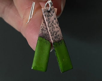 Green Enamel Copper Earrings, Rectangle Bar Drop Earrings, Sterling Silver Ear Wires, Handmade Gift for Her