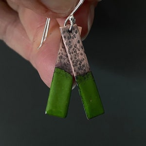 Green copper enamel rectangle earrings, Bar Earrings