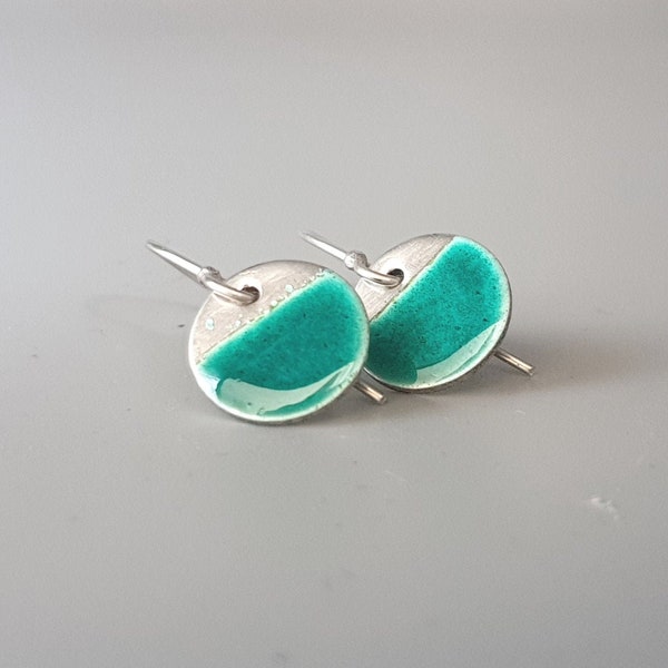 Contemporary Turquoise Enamel on Sterling Silver Disc Earrings