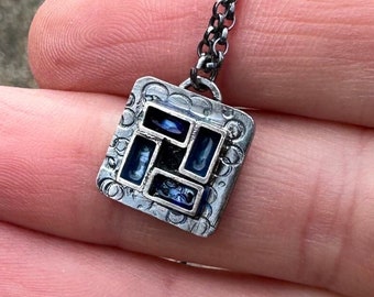 Hand Stamped Square Sterling Silver and Enamel Pendant