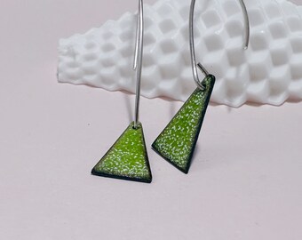 Bright Green Enamel Triangle Shaped Earrings, Geometric Drop Earrings with Silver Ear Wires