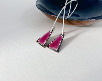 Raspberry Pink Enamel Triangle Shaped Earrings, Geometric Drop Earrings with Silver Ear Wires