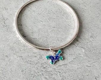 Silver Butterfly Bangle, Blue Enamel Charm Bracelet, Rebirth Gift, Personal Growth Jewellery, Handmade Sterling Silver