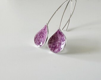 Handmade Sterling Silver Teardrop Earrings, Hand Painted Enamel Jewelry, Colourful Dangle Earrings, Wedding Gift for Her, Raspberry or Green