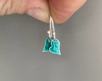 Turquoise Enamel Heart Earrings, Small Drop Dangles, Handmade Sterling Silver Wires, Gift for Her, Dainty Heart Jewellery UK