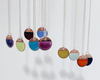 Copper Enamel Pendant Necklace, Colourful Disc Pendant, Sterling Silver Chain, Handmade Gift for Her