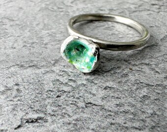 Molten Enamel Silver Ring – Green Enamel Band, Handmade One-of-a-Kind (UK P)