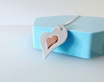 Mixed Metal Heart Necklace, Silver & Copper Pendant, Handmade Dainty Heart Jewellery, Anniversary Gift, Valentines Gift for Her