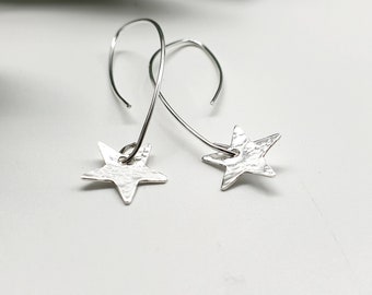 Long Sterling Silver Star Drop Earrings on marquis ear wires