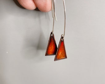 Red Triangle Enamel Dangle Earrings, Gift for Sister, Geometric Earrings in Bright Red