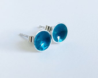 Turquoise Enamel Stud Earrings, Sterling Silver, Handmade Round Studs, Minimalist Blue Jewelry, Small Everyday Earrings