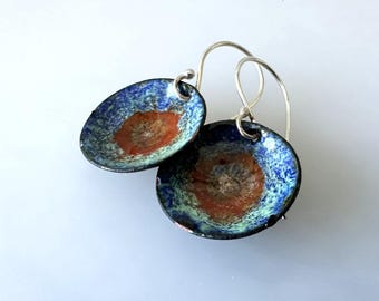 Blue Orange Enamel Earrings, Copper Bowl Drops, Boho Jewellery, Handmade Gift For Mum