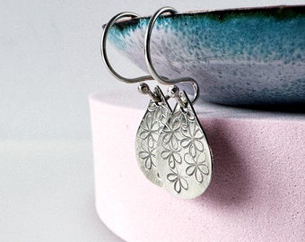 Sterling Silver Teardrop Earrings with Hand Stamped Daisy Flower