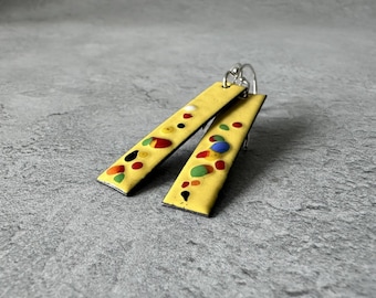 Yellow Enamel Bar Drop Earrings, Copper Confetti Dangle, Sterling Silver, Colourful Handmade Jewellery, Birthday Gift for Her