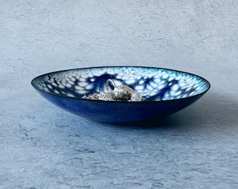 Dark Blue & White Copper Enamel Ring Dish, Handmade Jewellery Bowl, Unique Trinket Dish, New Home Gift, Kiln Fired Enamel