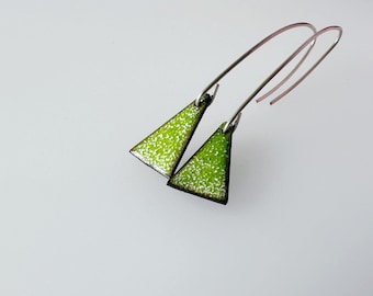 Lime Green Enamel Triangle Earrings, Copper Dangle Earrings, Sterling Silver Marquise Wires, Minimalist Gift for Her