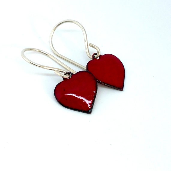 Items similar to Red Enamel Heart Earrings Red Heart Enamel Earrings ...