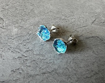 Water Cast Silver Stud Earrings, Blue Green Enamel, Organic Sea Jewellery, Gift for Her