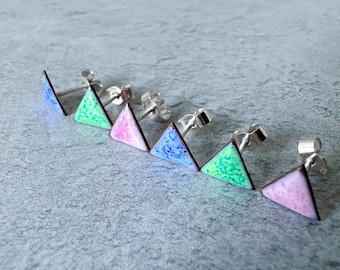 Enamel Triangle Stud Earrings | Minimal Geometric Earrings | Colourful Handmade Earrings UK | Itty Bitty Small Studs