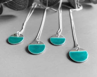 Dainty Turquoise Blue Enamel Silver Disc Necklace