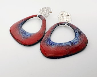 Red Blue Enamel Drop Earrings, Sterling Silver Stud Earrings, Handmade Vitreous Enamel Jewellery, Abstract Earrings, Birthday Gift for Her