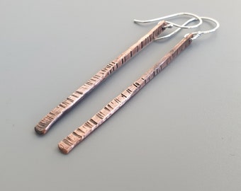 Long Textured Tapered Copper Earrings, Textured Bar Earrings, 7th Anniversary Gift